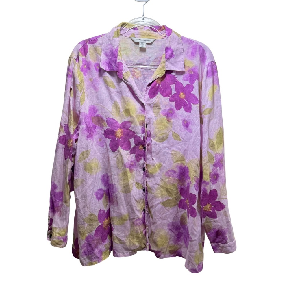 100% Linen Resort Beach Coastal Grandma Floral‎ Button Up Top 1X Plus Lavender